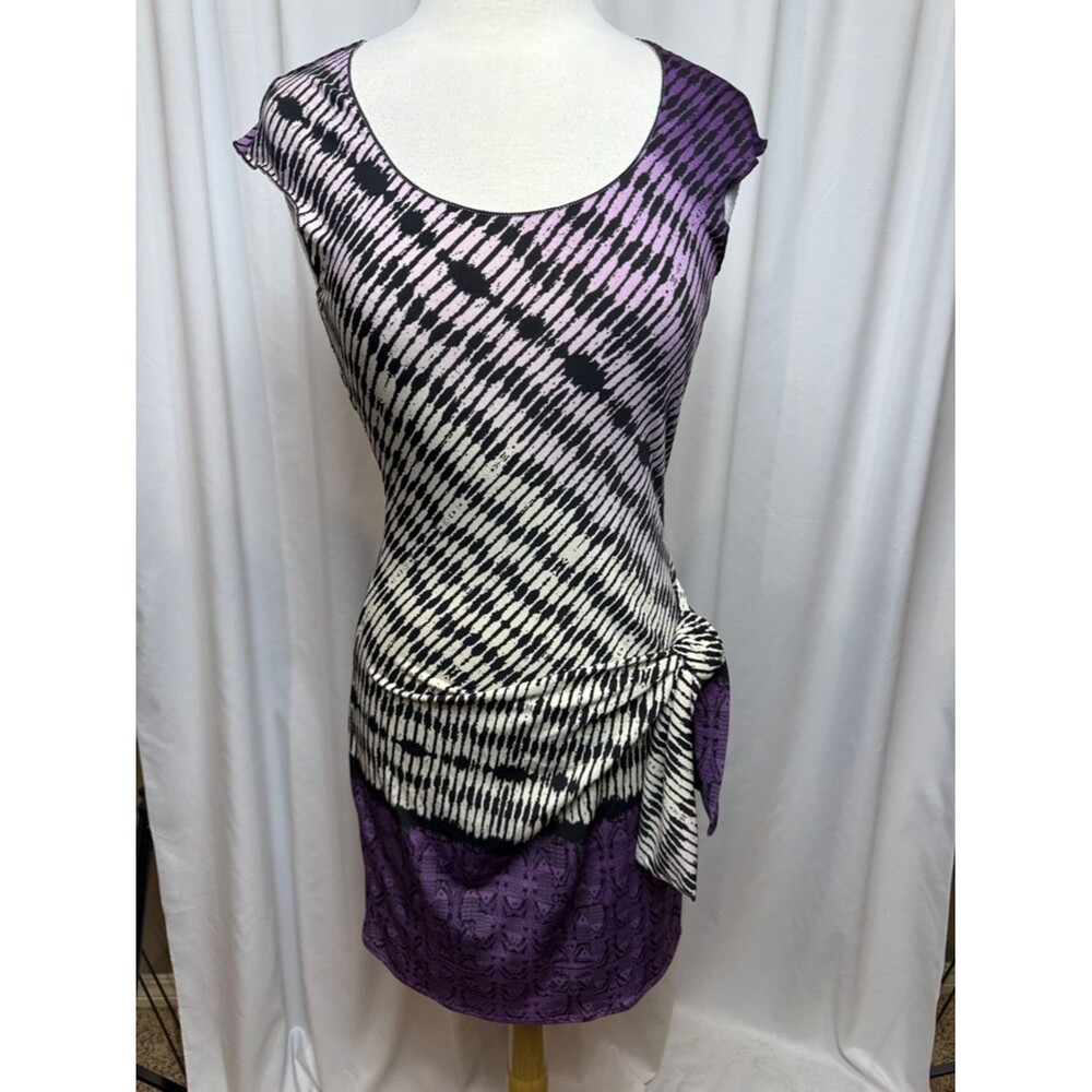 Max Studio Black, White & Purple Patterned Tie-Waist Dress, Small